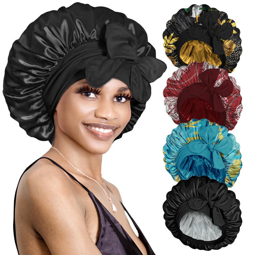 Bonnet Queen 4PCS Silky Bonnet for Sleeping, Hair Wrap Satin Bonnets Shower Cap , Elastic Wide Band Hair Bonnet Cap Curly Hair With Tie Breathable Lightweight All Night Moisture Maintenance Soft Waves Dreadlocks Braids Weaves Haircare Heatless bonnetsilk