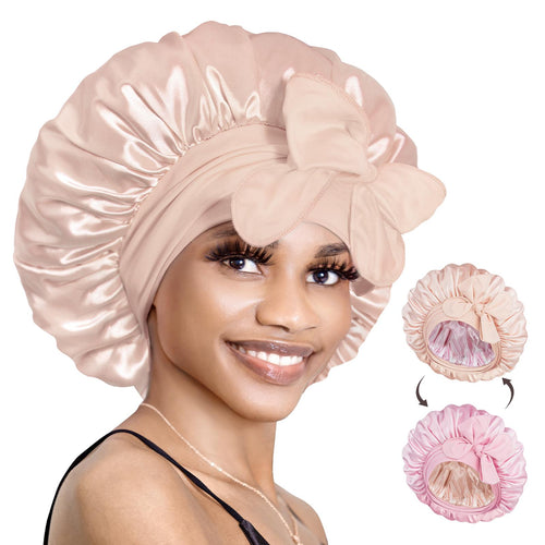 Bonnet Queen Double Layered Satin Night Caps Hair Care Silky Bonnet Sleeping Hat Shower Caps for women Nightcap With Elastic Band Gift Springtok Black Haircare Bn007-Black&Silver-M