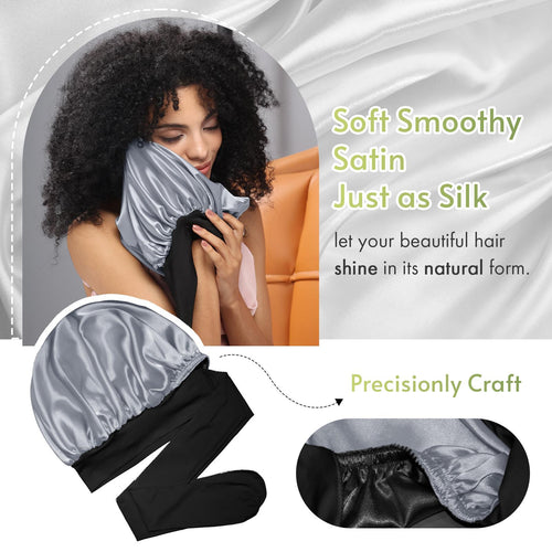 Bonnet Queen Double Layered Satin Night Caps Hair Care Silky Bonnet Sleeping Hat Shower Caps for women Nightcap With Elastic Band Gift Springtok Black Haircare Bn007-Black&Silver-M