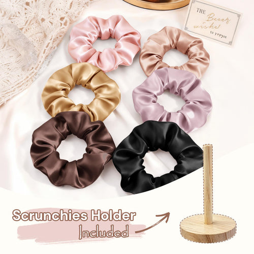 BONNET QUEEN Hair Ties for Women – Satin Scrunchies, 6-Pack with Holder – Silk Scrunchies No Crease, Strong Hold to Prevent Hair Breakage & Frizz, Soft Scrunchies for Sleeping & Everyday – Black
