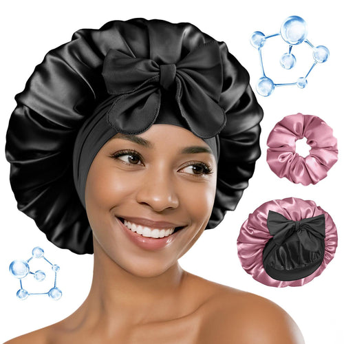 BONNET QUEEN Hyaluronic Acid Bonnet with Elastic Band & Scrunchie for Curly Hair Machine Washable Double Moisture Anti-Frizz Satin Nightcap Gift for Women Heatless Haircare Adjustable Reversible Design - Smooth curly hair gift ideas