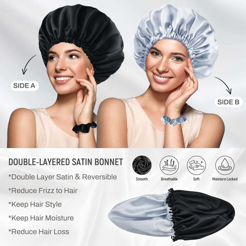 Double Layer Reversible Elastic Silky Satin Bonnet with 2 Scrunchies & 1 Satin Bag Black Silver Grey - BONNET QUEEN