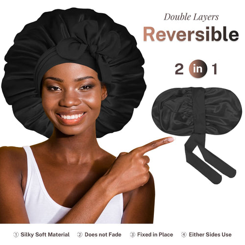 Double Layer Reversible Large Silky Satin Bonnet with Tie Band Black - BONNET QUEEN