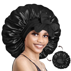 Double Layer Reversible Large Silky Satin Bonnet with Tie Band Black - BONNET QUEEN