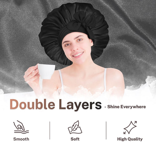 Double Layer Reversible Large Silky Satin Bonnet with Tie Band Black - BONNET QUEEN