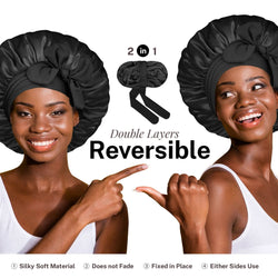 Double Layer Reversible Silky Satin Bonnet with Tie Band Black - BONNET QUEEN