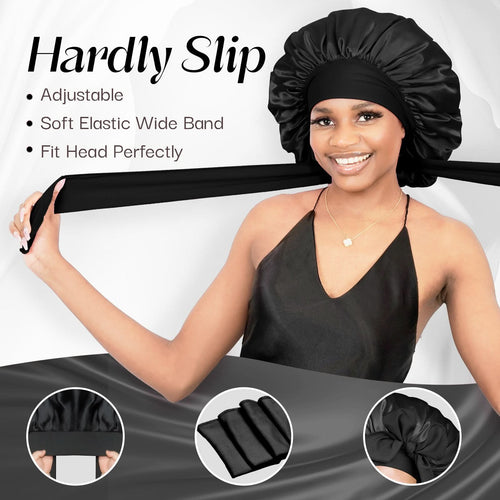 Double Layer Reversible Silky Satin Bonnet with Tie Band Black - BONNET QUEEN