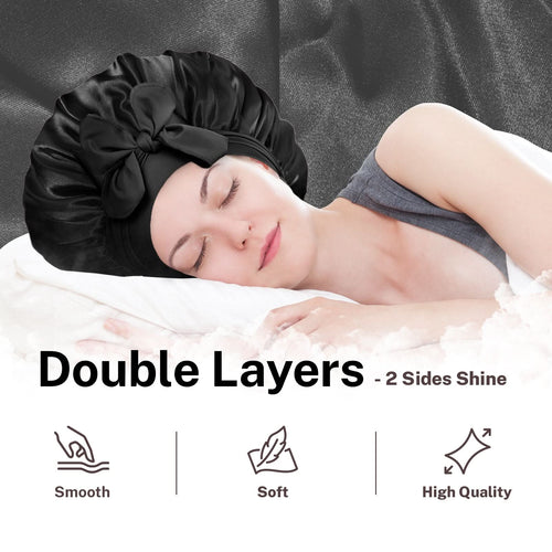 Double Layer Reversible Silky Satin Bonnet with Tie Band Black - BONNET QUEEN