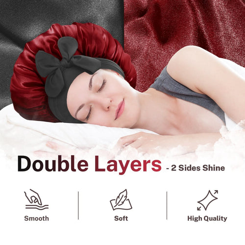 Double Layer Reversible Silky Satin Bonnet with Tie Band Black Burgundy - BONNET QUEEN