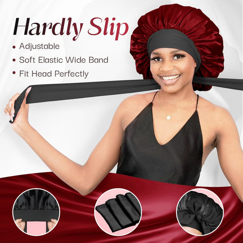 Double Layer Reversible Silky Satin Bonnet with Tie Band Black Burgundy - BONNET QUEEN