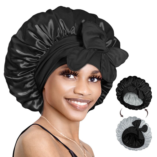 Double Layer Reversible Silky Satin Bonnet with Tie Band Black Silver - BONNET QUEEN