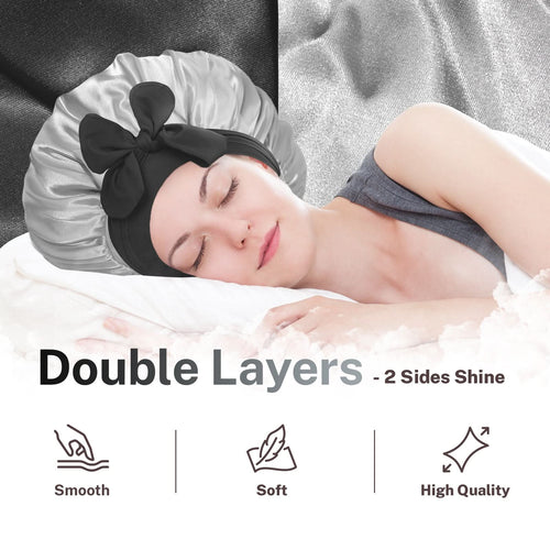 Double Layer Reversible Silky Satin Bonnet with Tie Band Black Silver - BONNET QUEEN