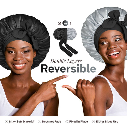 Double Layer Reversible Silky Satin Bonnet with Tie Band Black Silver - BONNET QUEEN