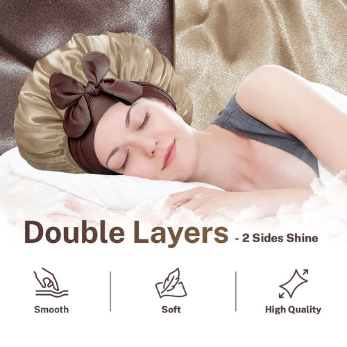 Double Layer Reversible Silky Satin Bonnet with Tie Band Chocolate Gold - BONNET QUEEN