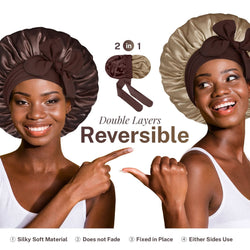 Double Layer Reversible Silky Satin Bonnet with Tie Band Chocolate Gold - BONNET QUEEN