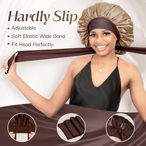 Double Layer Reversible Silky Satin Bonnet with Tie Band Chocolate Gold - BONNET QUEEN