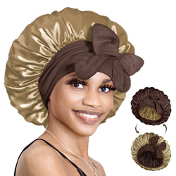 Double Layer Reversible Silky Satin Bonnet with Tie Band Chocolate Gold - BONNET QUEEN