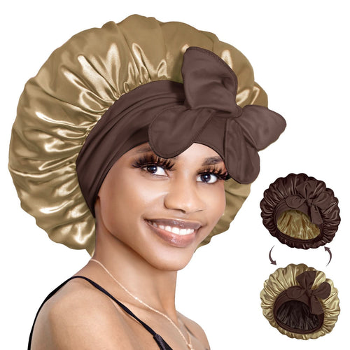 Double Layer Reversible Silky Satin Bonnet with Tie Band Chocolate Gold - BONNET QUEEN