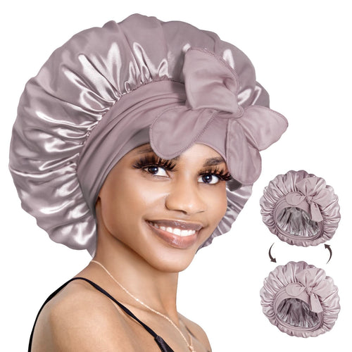 Double Layer Reversible Silky Satin Bonnet with Tie Band Grey Rose Gold - BONNET QUEEN