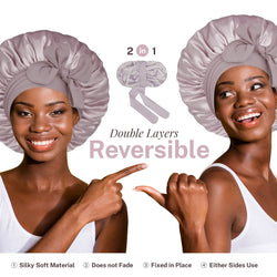 Double Layer Reversible Silky Satin Bonnet with Tie Band Grey Rose Gold - BONNET QUEEN