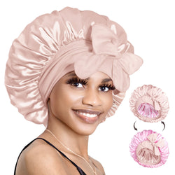 Double Layer Reversible Silky Satin Bonnet with Tie Band Jade Pink - BONNET QUEEN