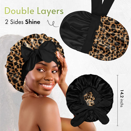 Double Layer Reversible Silky Satin Bonnet with Tie Band Leopard - BONNET QUEEN