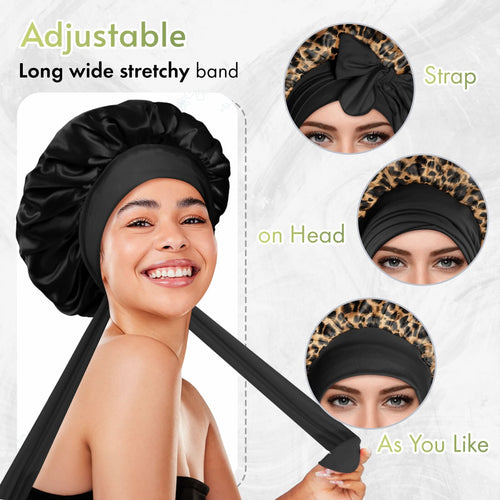 Double Layer Reversible Silky Satin Bonnet with Tie Band Leopard - BONNET QUEEN