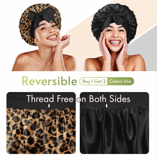 Double Layer Reversible Silky Satin Bonnet with Tie Band Leopard - BONNET QUEEN