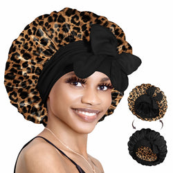 Double Layer Reversible Silky Satin Bonnet with Tie Band Leopard - BONNET QUEEN