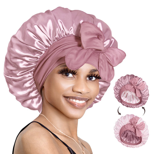 Double Layer Reversible Silky Satin Bonnet with Tie Band Mocha Pink - BONNET QUEEN