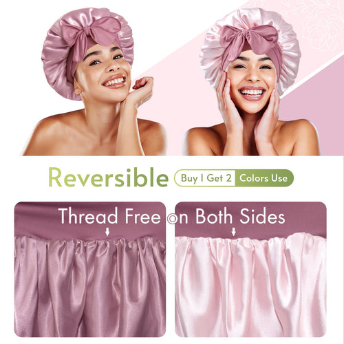 Double Layer Reversible Silky Satin Bonnet with Tie Band Mocha Pink - BONNET QUEEN