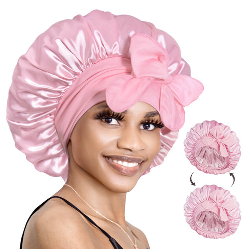 Double Layer Reversible Silky Satin Bonnet with Tie Band Mocha Pink - BONNET QUEEN