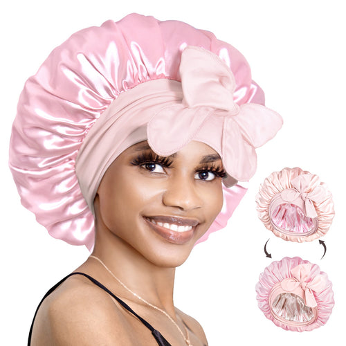 Double Layer Reversible Silky Satin Bonnet with Tie Band Mocha Pink - BONNET QUEEN