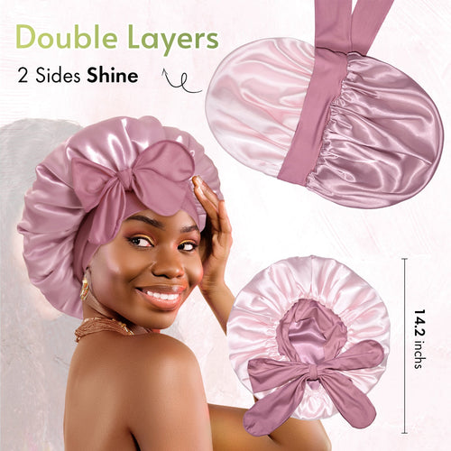 Double Layer Reversible Silky Satin Bonnet with Tie Band Mocha Pink - BONNET QUEEN