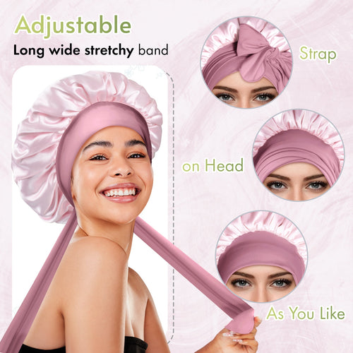 Double Layer Reversible Silky Satin Bonnet with Tie Band Mocha Pink - BONNET QUEEN