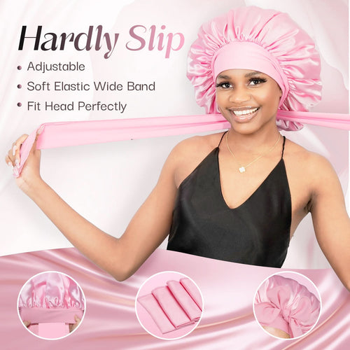 Double Layer Reversible Silky Satin Bonnet with Tie Band Pink - BONNET QUEEN