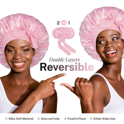 Double Layer Reversible Silky Satin Bonnet with Tie Band Pink - BONNET QUEEN