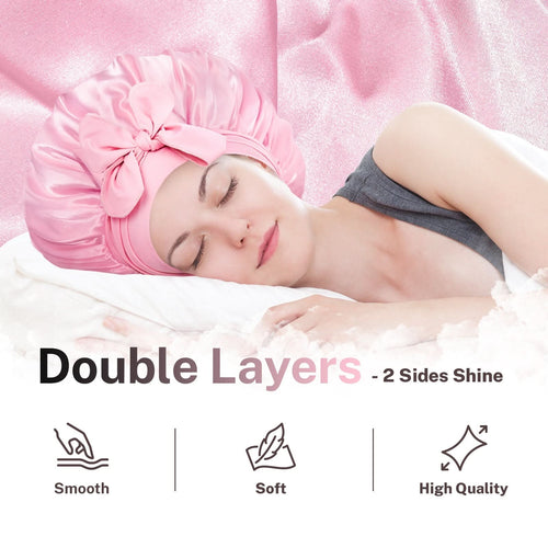 Double Layer Reversible Silky Satin Bonnet with Tie Band Pink - BONNET QUEEN