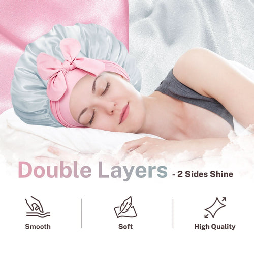 Double Layer Reversible Silky Satin Bonnet with Tie Band Pink Silver - BONNET QUEEN