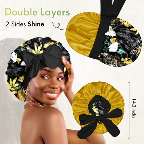 Double Layer Reversible Silky Satin Bonnet with Tie Band Printed Color - BONNET QUEEN