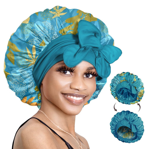 Double Layer Reversible Silky Satin Bonnet with Tie Band Printed Color - BONNET QUEEN