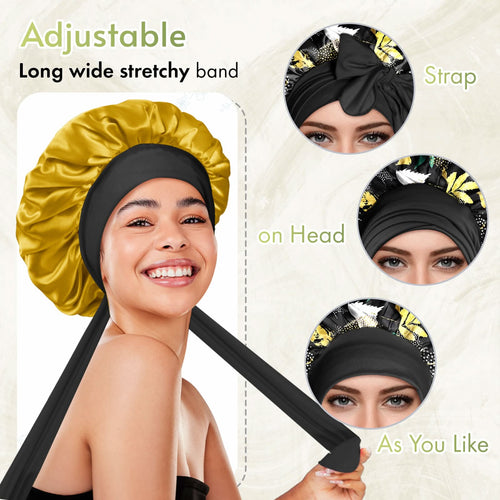 Double Layer Reversible Silky Satin Bonnet with Tie Band Printed Color - BONNET QUEEN