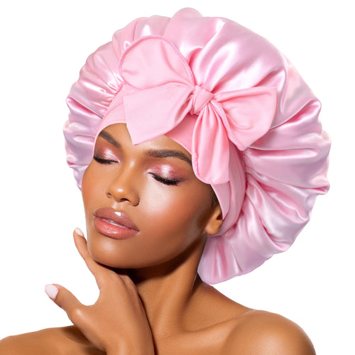 BONNET QUEEN Silk-Like Satin Bonnet with Bow - Adjustable Tie Band Sleep Cap
