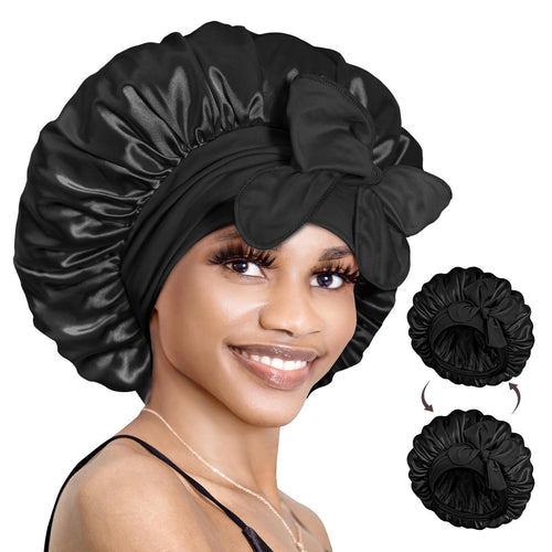 Bonnet Queen Double Layered Satin Night Caps Hair Care Silky Bonnet Sleeping Hat Shower Caps for women Nightcap With Elastic Band Gift Springtok Black Haircare Bn007-Black&Silver-M