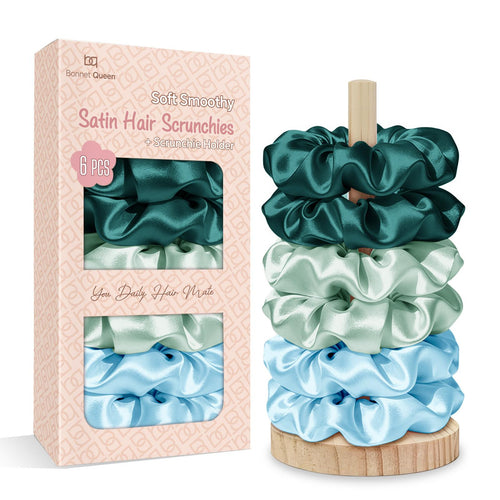 BONNET QUEEN Hair Ties for Women – Satin Scrunchies, 6-Pack with Holder – Silk Scrunchies No Crease, Strong Hold to Prevent Hair Breakage & Frizz, Soft Scrunchies for Sleeping & Everyday – Black