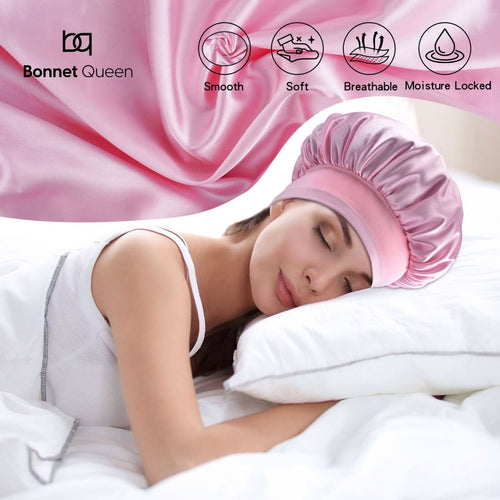 Elastic band adjustable Silky Satin Bonnet (Black+Pink, 4pcs Item Gift Pack) - BONNET QUEEN