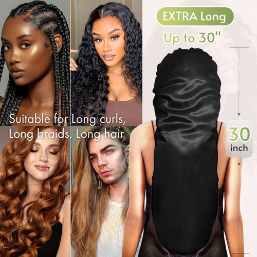 Extra Long Silky Satin Braid Bonnet with Tie Band Black - BONNET QUEEN