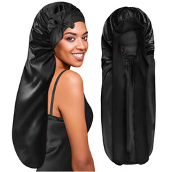 Extra Long Silky Satin Braid Bonnet with Tie Band Black - BONNET QUEEN