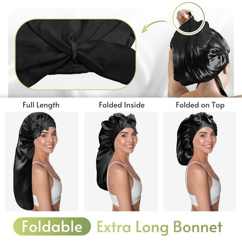 Extra Long Silky Satin Braid Bonnet with Tie Band Black - BONNET QUEEN