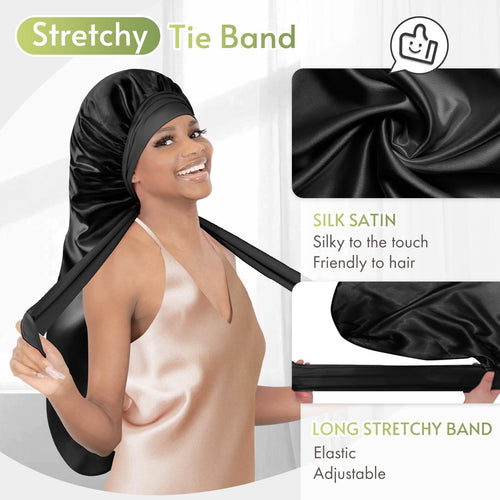 Extra Long Silky Satin Braid Bonnet with Tie Band Black - BONNET QUEEN